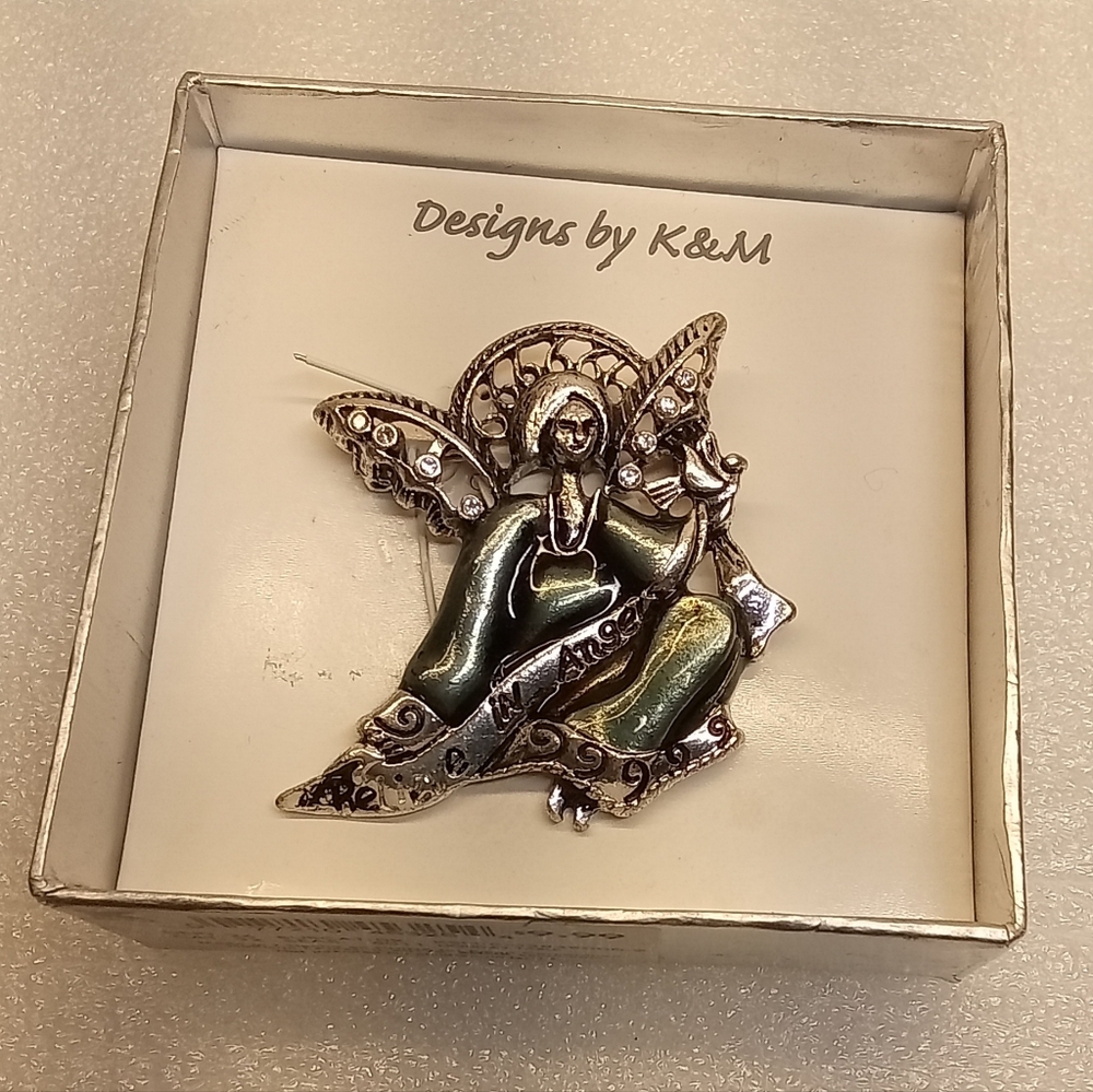 VTG Believe In Angels Green Guilloche Enamel Pewter Rhinestone Brooch Kmart NOS